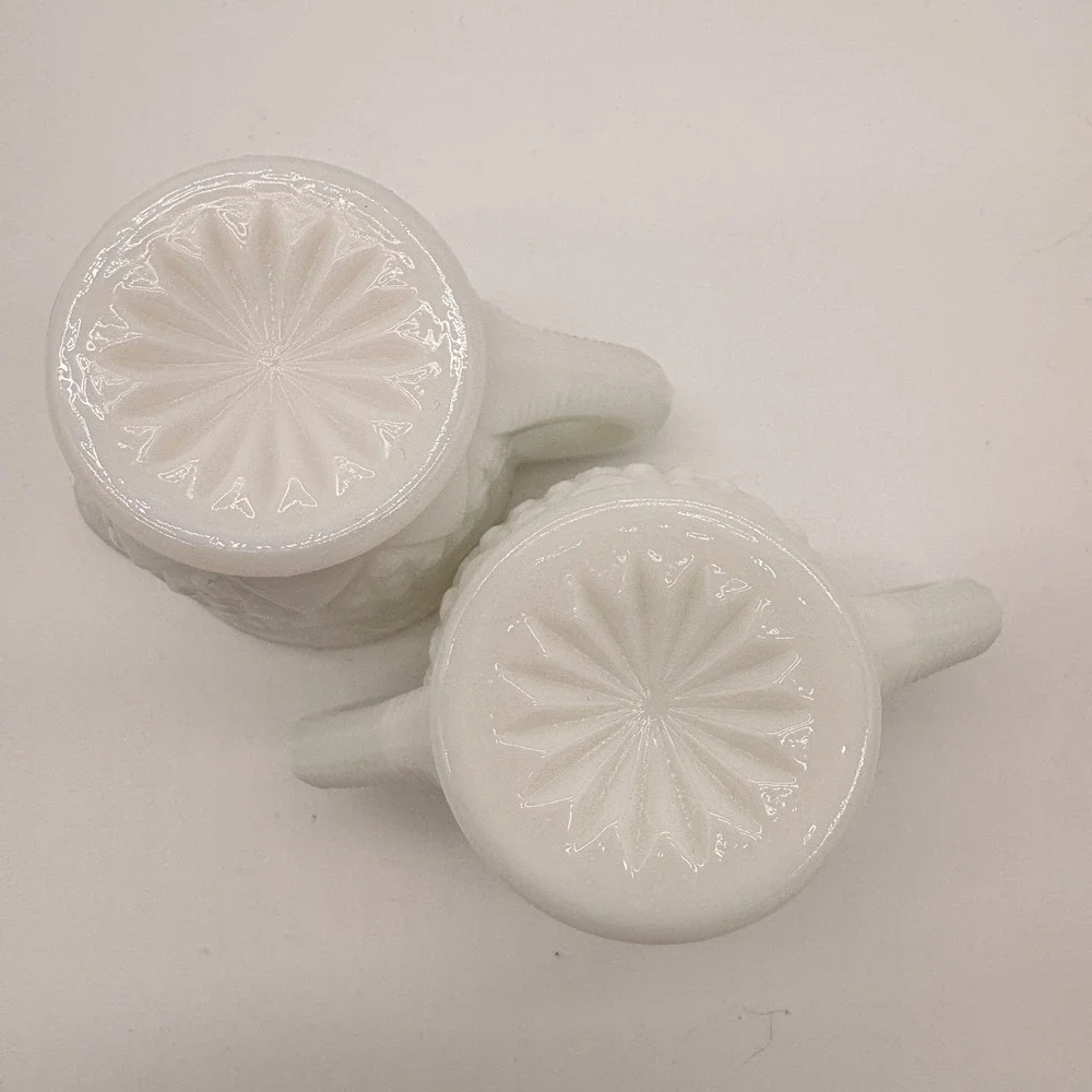 Vintage Milk Glass Creamer Sugar Bowl Set Diamond Point Starburst Farmhouse